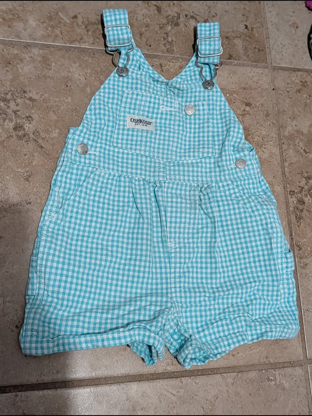 Vintage OshKosh B'gosh Aqua Gingham Short Overalls Sz 6-9m